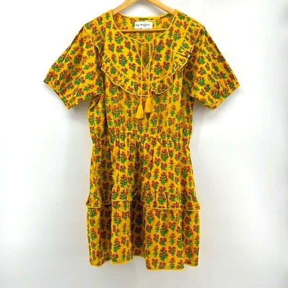 Maisie Nordstrom Yellow Floral Puff Sleeve Tie Neck Mini Dress Size Large - Picture 1 of 12
